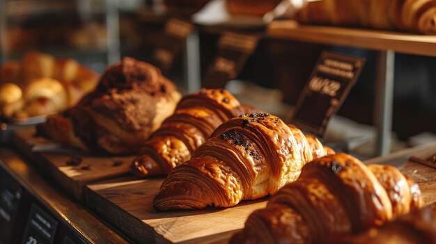 Croissant lleno de chocolate contra una exhibición de pastelería