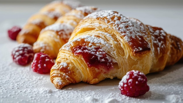 Croissant lleno de frambuesas en una superficie blanca y limpia