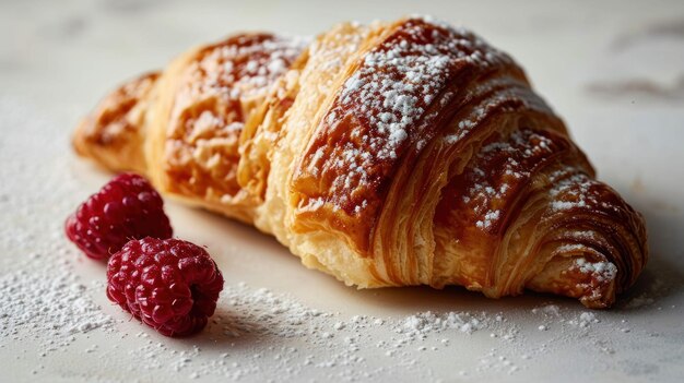 Croissant lleno de frambuesas en una superficie blanca y limpia