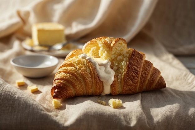 Croissant de mantequilla colocado sobre tela de lino