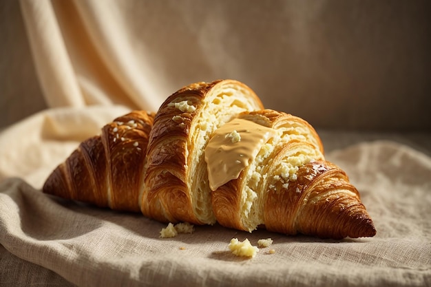 Croissant de mantequilla colocado sobre tela de lino