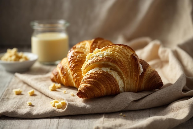 Croissant de mantequilla colocado sobre tela de lino