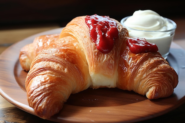 Croissant con mermelada y crema dulce de la mañana indulgencia