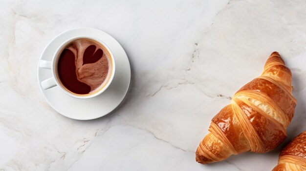 Croissant con mermelada y una taza de café en la piedra blanca