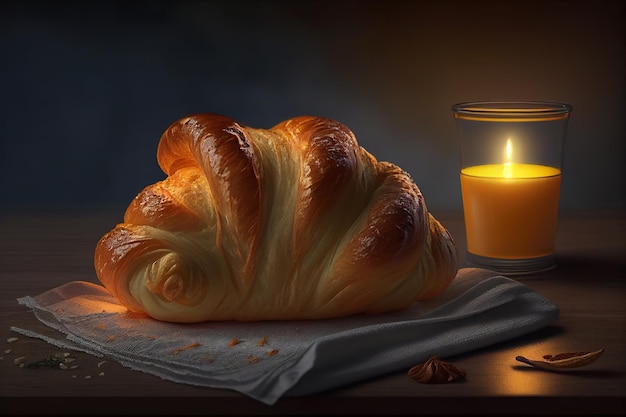 Croissant en una mesa de madera con una vela encendida al fondo