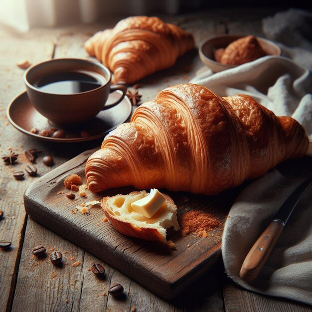 Croissant en una mesa de madera