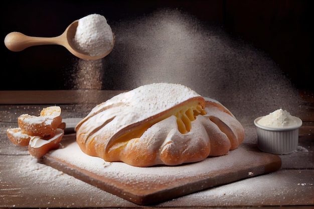 Croissant migalhas de pão de ló com açúcar de confeiteiro no café da manhã