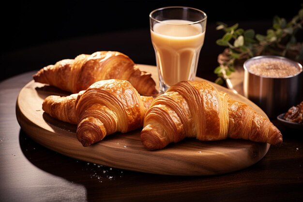 Foto croissant mit einer tasse tee mit hoher winkelansicht auf holz und küchenhandtuch