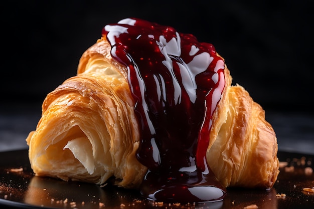 Croissant mit Marmelade auf dunklem Hintergrund