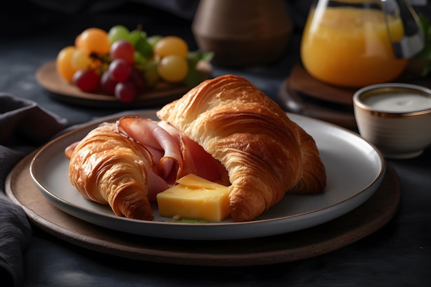 Croissant mit Schinken und Käse auf dunklem Hintergrund. Neuronales Netzwerk, KI generiert