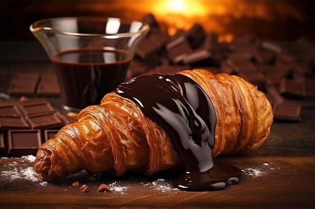 Un croissant con un pedazo de chocolate oscuro en el lado