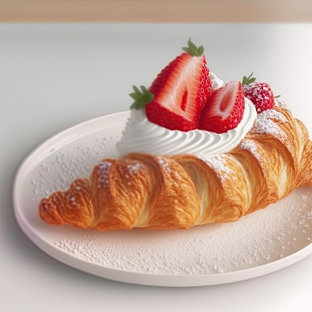 Croissant en el plato blanco, con fresas frescas y crema batida.