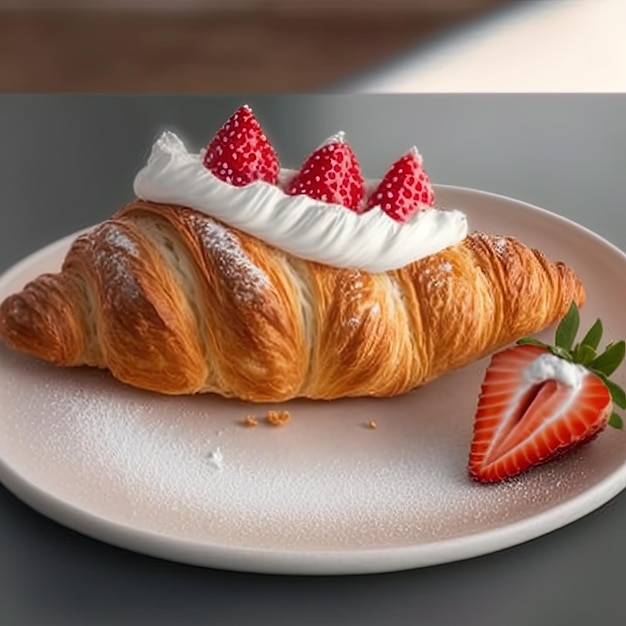 Croissant en el plato blanco, con fresas frescas y crema batida.