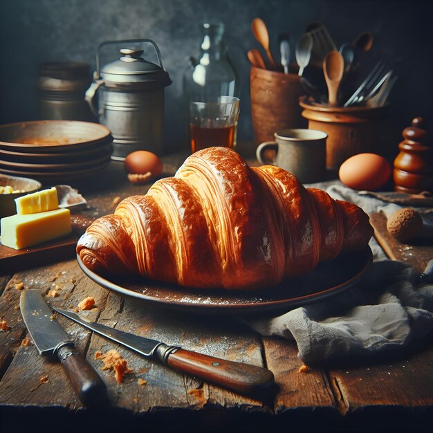 Croissant realista na cozinha escura