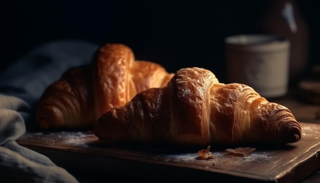 Croissant recém-assado em mesa de madeira rústica, uma indulgência francesa gerada por IA