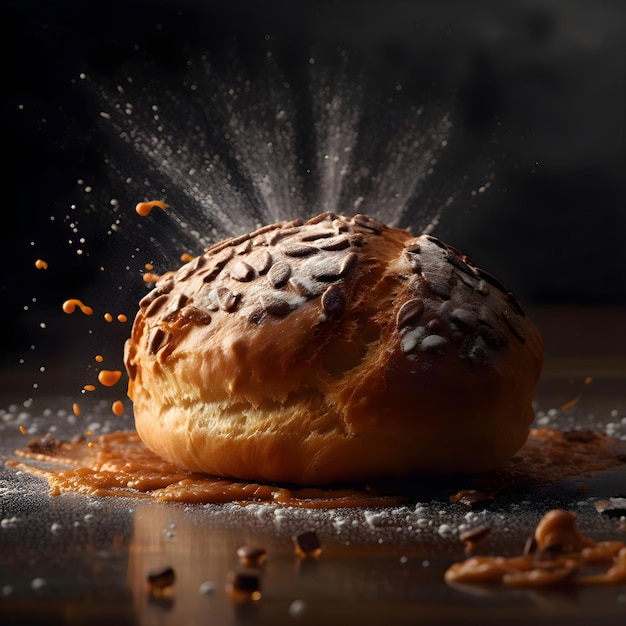 Croissant recém-assado polvilhado com açúcar de confeiteiro em fundo preto