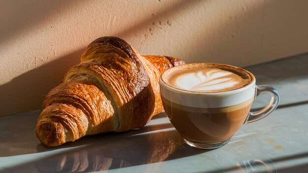 Foto croissant recém-cozido com uma chávena de café contra uma parede bege