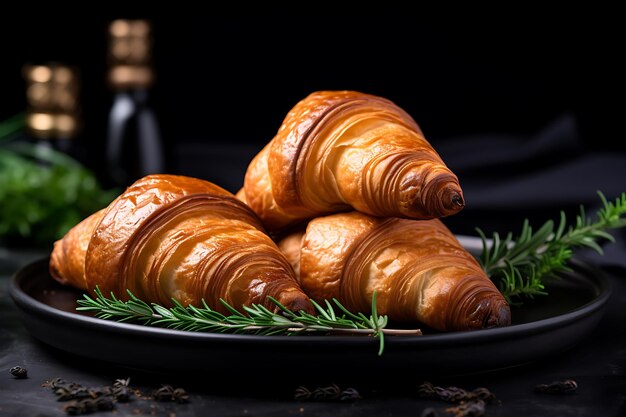 Croissant recém-cozido em um prato branco com café preto