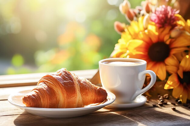 Croissant recién hecho con café de la mañana Desayuno saludable