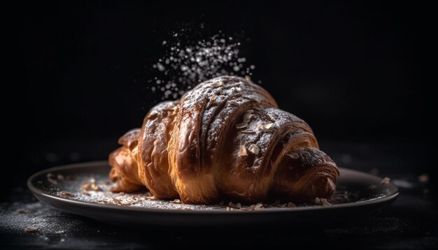 Croissant recién horneado, un artículo de pastelería francesa en una mesa de madera rústica generada por IA