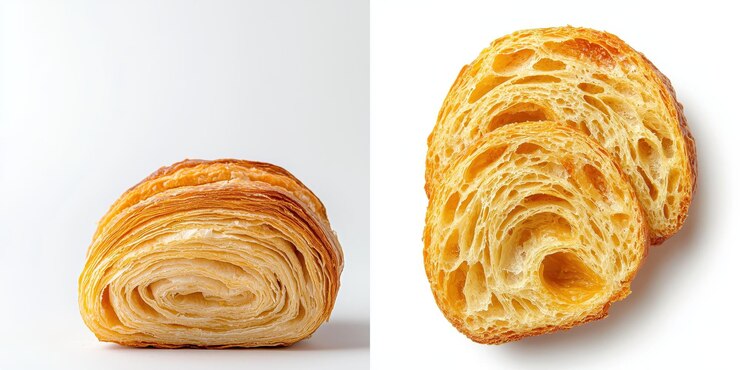Croissant recién horneado con capas doradas que muestran su textura escamosa y deliciosidad