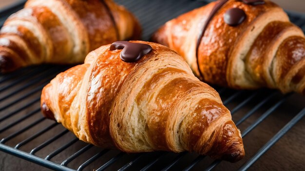 Croissant recién horneado con chocolate de cerca