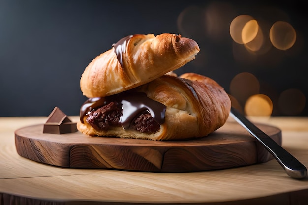 Un croissant con salsa de chocolate y salsa de chocolate se asienta sobre una tabla de madera.