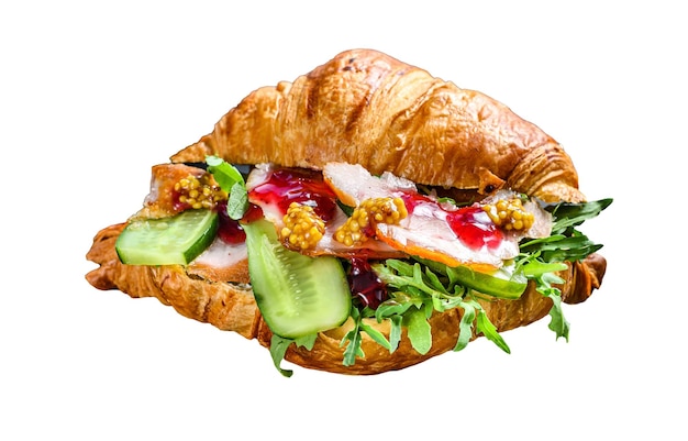 Croissant-Sandwich mit Käse Rucola und Schinken isoliert auf weißem Hintergrund