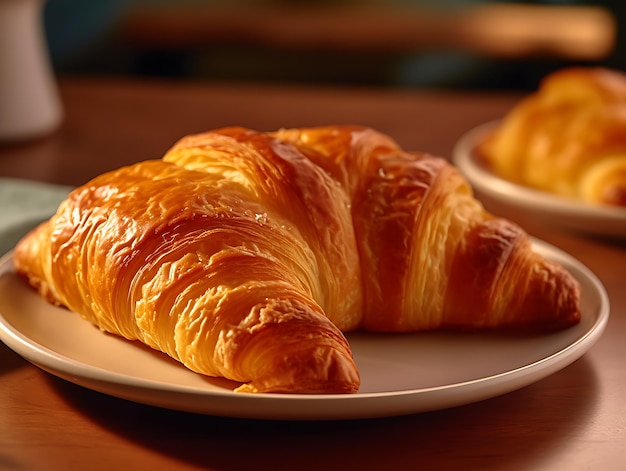 Croissant sándwich en plato para el desayuno de cerca