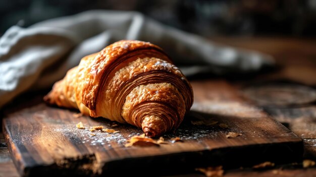 Croissant sencillo contra un acogedor entorno de panadería francesa