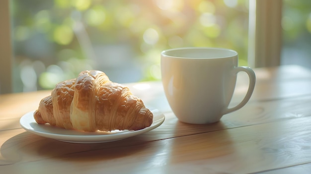 Un croissant servido con una taza de café o té