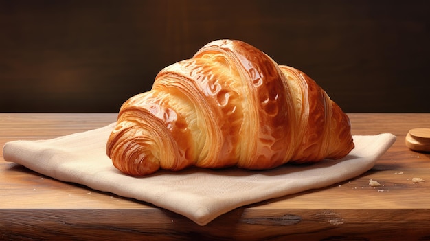 un croissant con una servilleta blanca en una mesa de madera.