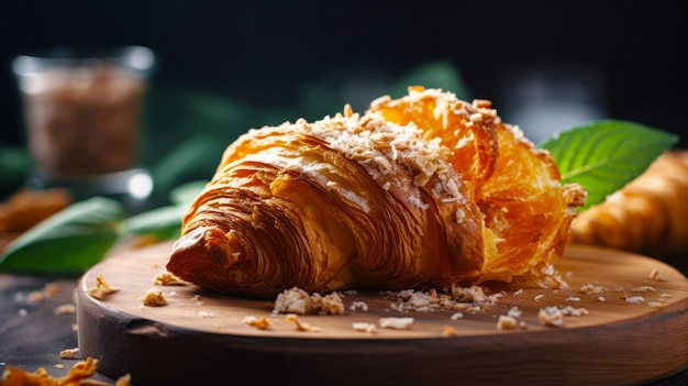 Croissant sitzt auf einem Schneidebrett neben einem Glas Wein. Generative KI