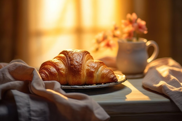 Croissant con suave luz dorada y presentación elegante con servilleta en el fondo Ilustración generativa de IA