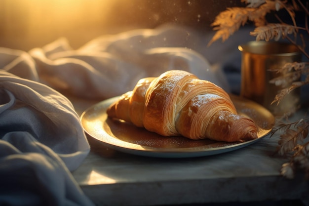 Croissant en suave luz dorada con presentación elegante con servilleta en el fondo Ilustración generativa de IA