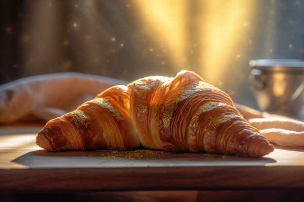 Croissant con suave luz dorada y presentación elegante con servilleta en el fondo Ilustración generativa de IA