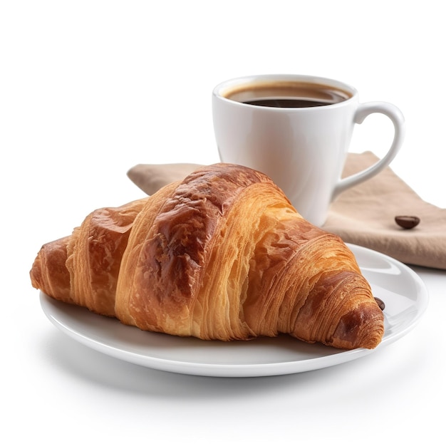 Un croissant y una taza de café están sobre una mesa.