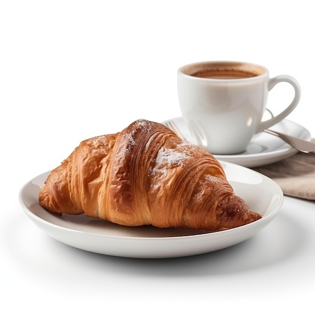 Un croissant y una taza de café están sobre una mesa.