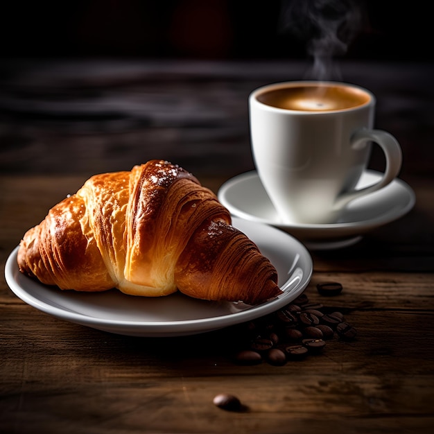 Un croissant y una taza de café están sobre una mesa.