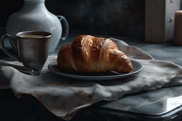 Un croissant y una taza de café están sobre una mesa.