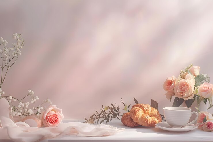 Croissant y taza de café por la mañana con flores y rosas en la mesa
