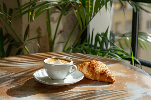 Croissant con una taza de café en la mesa