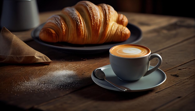 Croissant con taza de café sobre fondo oscuro Al generado