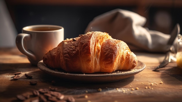 Croissant con taza de café sobre fondo oscuro Al generado