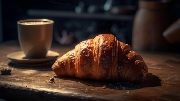 Croissant con taza de café sobre fondo oscuro Al generado