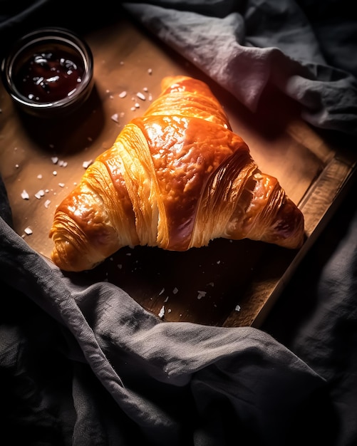 Un croissant con una taza de mermelada en una tabla de madera