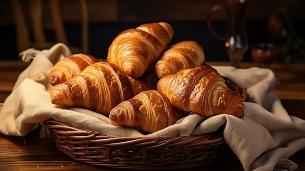 Croissant um único croissant francês fresco e crocante com fundo preto Foto de alta qualidade