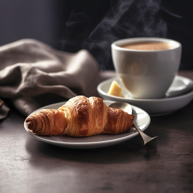 Croissant und eine Tasse Kaffee auf dem weißen Tisch