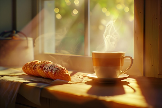 Foto croissant und eine tasse kaffee oder tee auf der fensterbank in der morgendlichen sonne