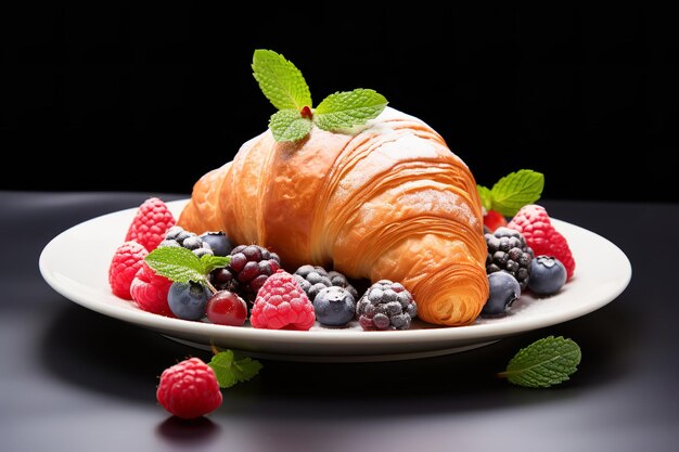 Croissant und frische Beeren auf einem weißen Teller